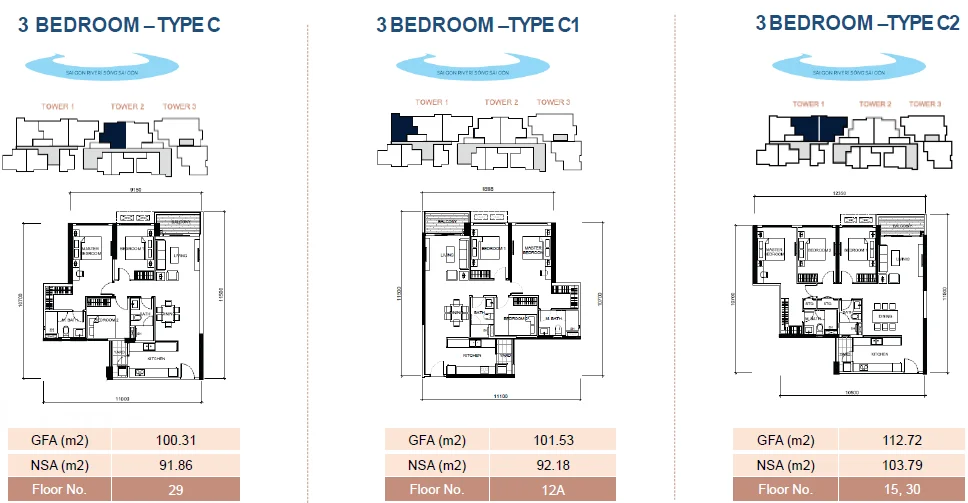 3BR floor plans - Types C, C1, C2 with dimensions
