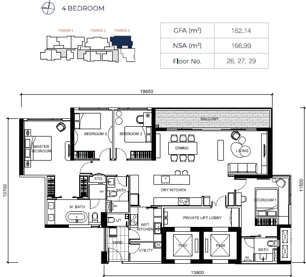 4BR with private lift floor plan - GFA 182.14 m², NSA 166.99 m²