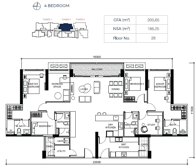 4BR standard floor plan - GFA 200.65 m², NSA 186.25 m²