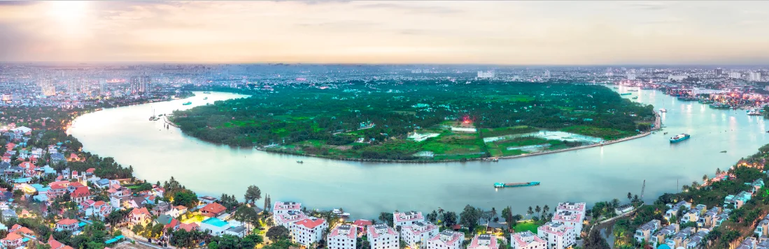 Aerial view of the Saigon River at Thao Dien