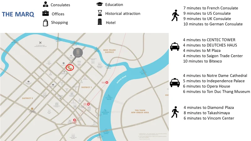 District 1 area map showing The Marq surroundings