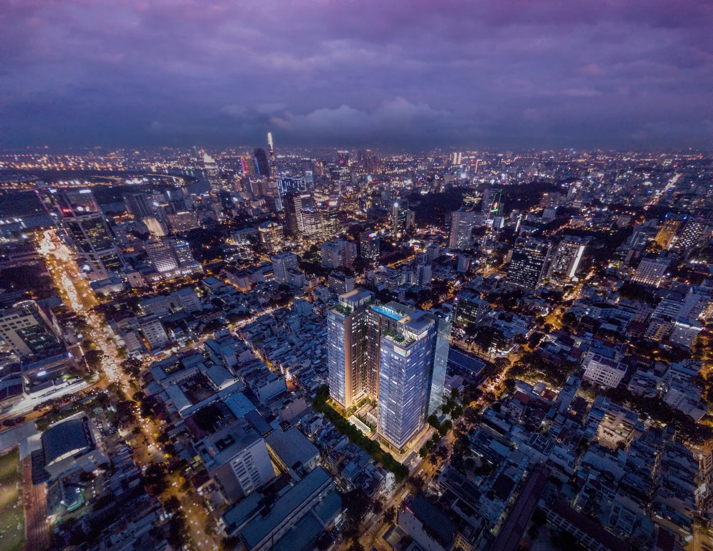 Aerial night render of The Marq towers in Ho Chi Minh City