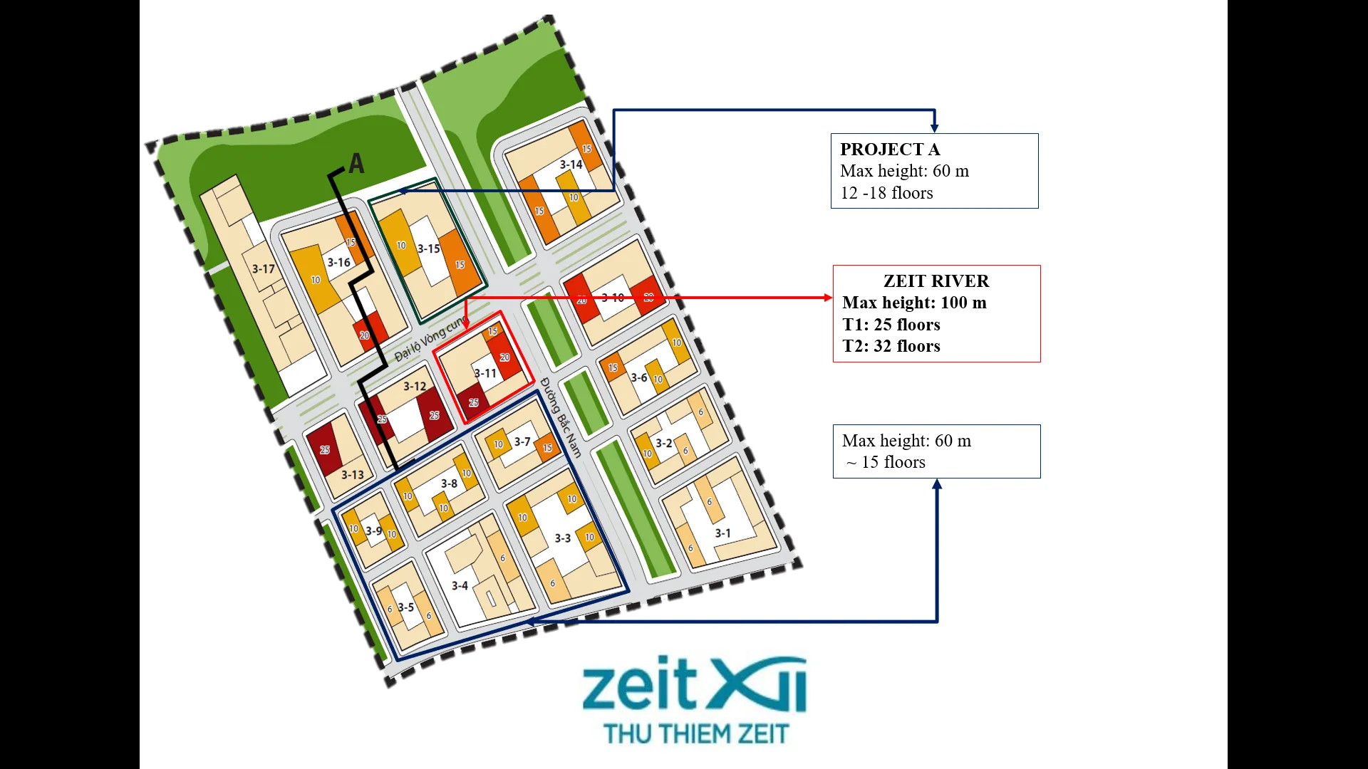 Tower height comparison within the project master plan