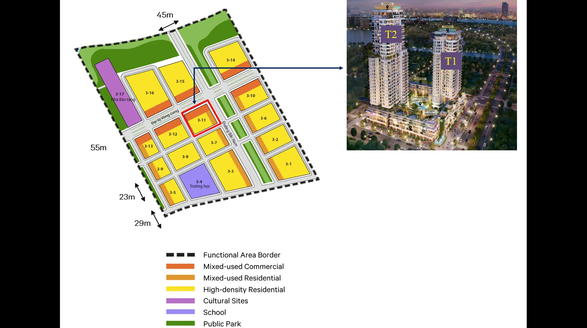Tower placement and height comparison within Thu Thiem Zeit River
