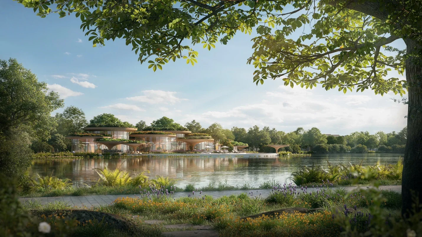 Eco Retreat Retreat Center render - lakeside wellness clubhouse