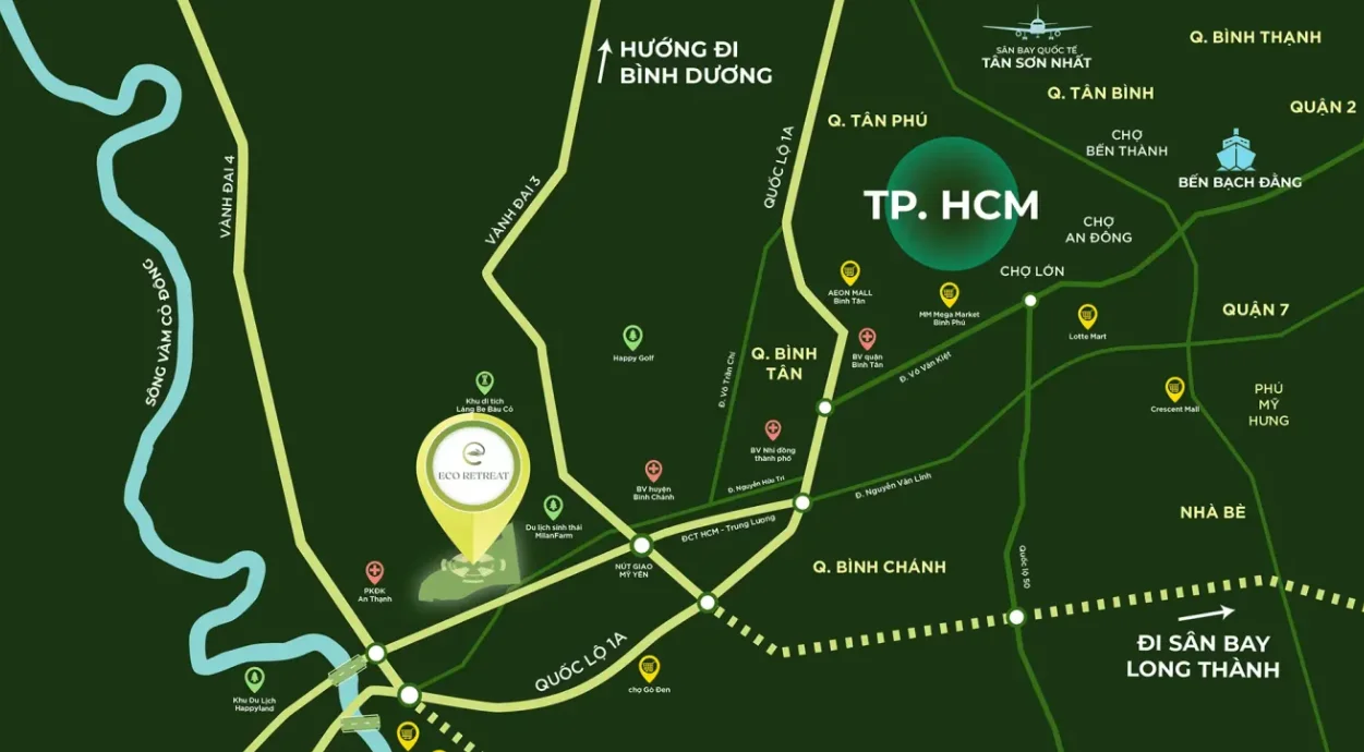 Eco Retreat - location map in western HCMC, 30-40 minutes to District 1