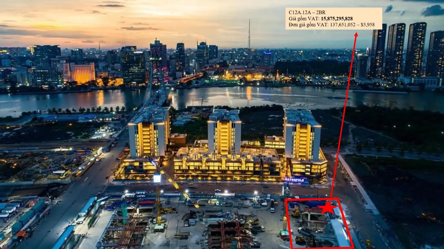 Aerial view of Metropole Thu Thiem with unit C12A.12A pricing annotation