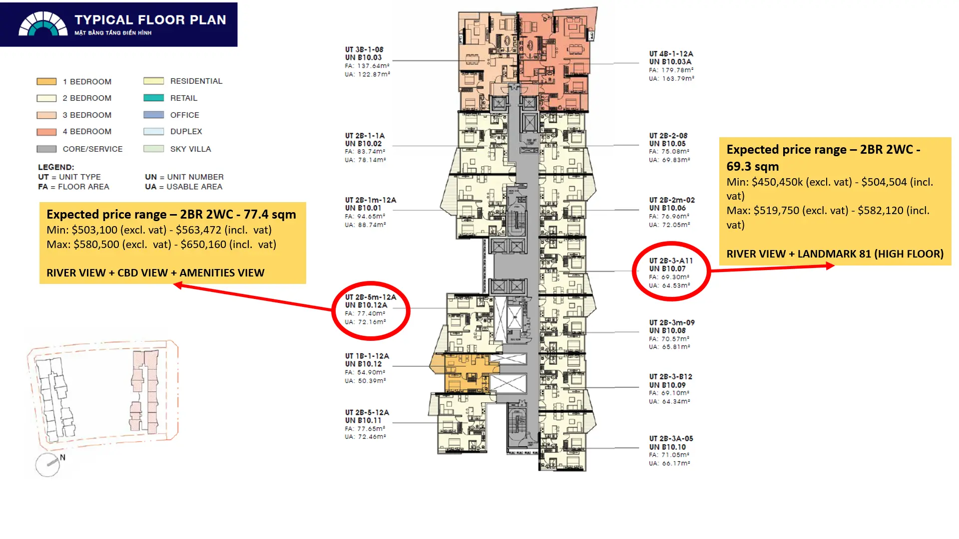Scala tower typical floor plan with unit types and pricing callouts