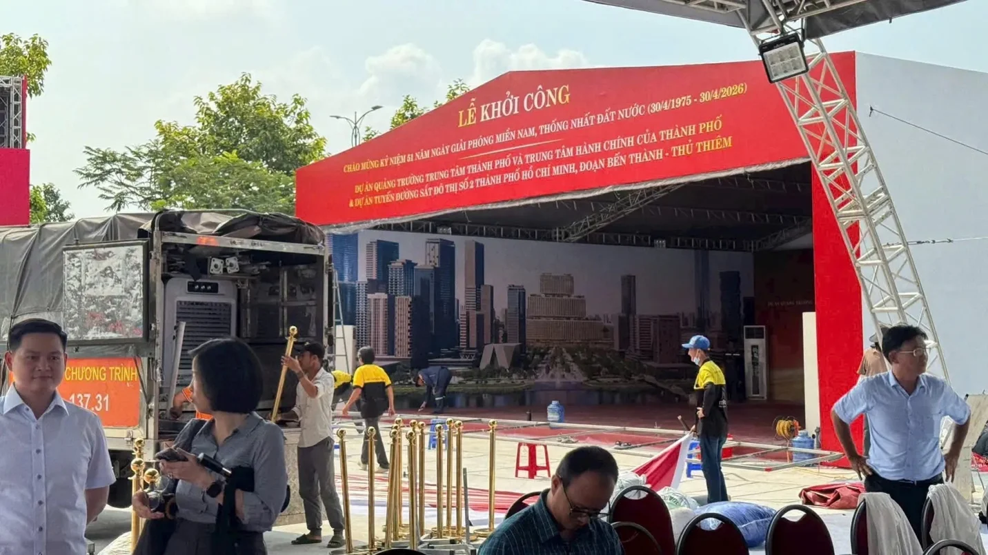 Groundbreaking ceremony banner for Thu Thiem Administrative Center and Metro Line 2