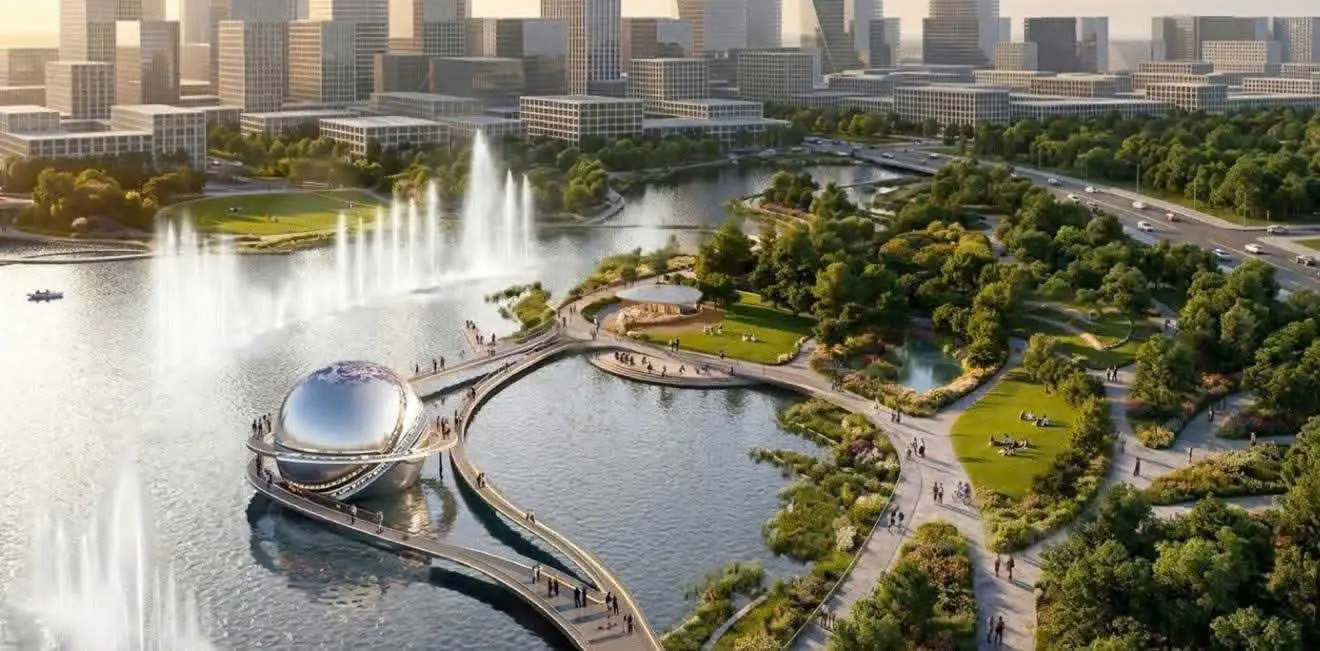 Thu Thiem central lake park - rendering of the public waterfront with fountain and reflective sphere landmark